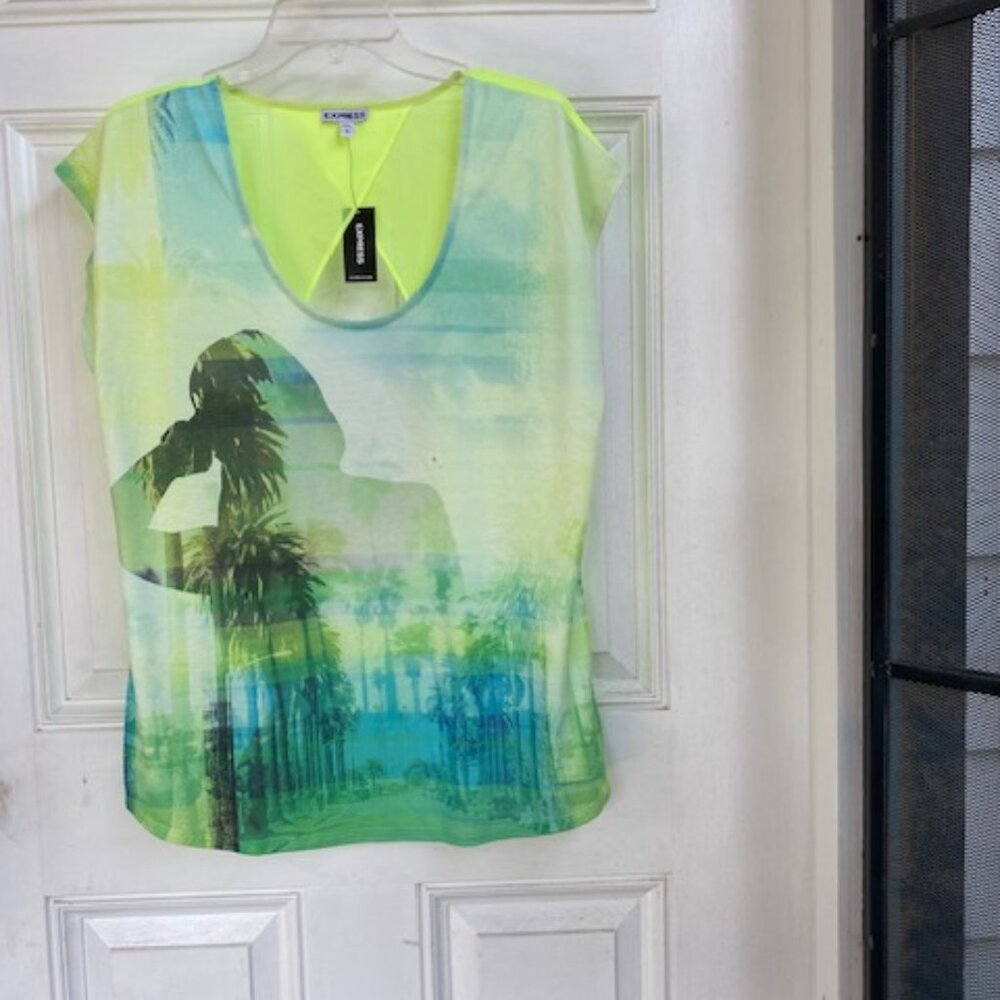 Express Tunic Sheer Backless Tropical Design Popover Sleeveless Top NWT Large